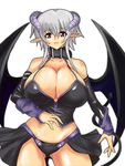 breasts cleavage collar demon_girl detached_sleeves horns huge_breasts midriff navel pink_eyes pointy_ears silver_hair solo tail umino_mokuzu_(a4_size) wings 