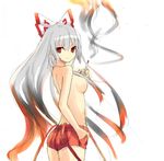  bow breasts cigarette fujiwara_no_mokou hair_bow hair_ribbon long_hair looking_back md5_mismatch medium_breasts nabeshima_tetsuhiro red_eyes ribbon shorts sideboob silver_hair smoke smoking solo suspenders topless touhou very_long_hair 