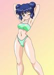  1girl aizawa_mint armpits arms_up bikini blue_eyes blue_hair blush cameltoe double_bun highleg highleg_bikini highleg_swimsuit highres mew_mint smile solo swimsuit tokyo_mew_mew wink 