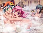  absurdres arms_up ass blue_hair blush breast_grab breast_press breasts censored cleavage convenient_censoring grabbing green_eyes green_hair hat highres hug kabashima_yousuke kannagi_itsuki kawai_honoka large_breasts leaning_forward medium_breasts multiple_girls non-web_source nude official_art onsen open_mouth pink_eyes pink_hair purple_eyes ripples ruins shishidou_akiha shishidou_imoko short_hair smile soldier_ul sora_wo_kakeru_shoujo splashing steam steam_censor towel water wet 