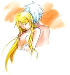  1girl bad_id bad_pixiv_id blonde_hair closed_eyes couple heart heart_of_string hetero long_hair nude orange_background senel_coolidge stella_telmes tales_of_(series) tales_of_legendia white_hair 