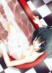  absurdres bath bathtub black_hair blue_eyes breasts caustics checkered checkered_floor copyright_request from_above hair_rings highres legs looking_at_viewer looking_up muririn nipples nude parted_lips small_breasts solo water wet 