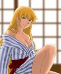  bare_shoulders blonde_hair blue_eyes breasts cleavage earrings hoop_earrings japanese_clothes jewelry k-ma kimono large_breasts long_hair lowres ratchet_altair sakura_taisen sakura_taisen_v striped vertical-striped_kimono vertical_stripes yukata 