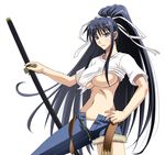  areola_slip areolae asymmetrical_clothes blue_eyes breasts denim highres ichimedoo jeans kanzaki_kaori large_breasts long_hair looking_at_viewer no_bra pants ponytail simple_background single_pantsleg solo sword to_aru_majutsu_no_index underboob unzipped very_long_hair weapon 