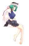  1girl ass bare_legs barefoot black_skirt blue_shirt blush breasts collar erect_nipples eyebrows_visible_through_hair from_side green_eyes green_hair hat highres large_breasts looking_at_viewer looking_back miniskirt non_(z-art) panties puffy_sleeves shiki_eiki shirt short_hair simple_background skirt skirt_lift soles solo touhou underwear white_background white_panties 