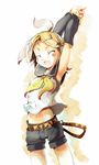  armpits blonde_hair blush closed_eyes cowboy_shot face ginka hair_ornament hair_ribbon hairclip headphones kagamine_rin midriff ribbon short_hair shorts smile solo stretch vocaloid 