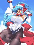  blue_hair breasts cloud cloudy_sky day elbow_gloves frills gloves highres huge_breasts large_breasts legs long_hair maid maid_headdress mel/a melmaid muscle open_mouth original pantyhose plump ponytail red_eyes ribbon sidelocks sky thick_thighs thighband_pantyhose thighs 