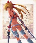  ass ayumi_(x-blades) back bare_shoulders blonde_hair blue_eyes breasts bridal_gauntlets butt_crack dual_wielding from_behind gloves gunblade holding kazuma_muramasa long_hair looking_back medium_breasts panties solo sword tan thong tri_tails twintails underwear very_long_hair weapon x-blades 