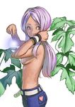  denim heart hibakari jeans lavender_hair leaf light looking_back original pants solo tan topless 