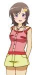  1girl :d arms_behind_back blush brown_hair female futsuu_no_joshikousei_ga_locodol_yattemita hair_ornament hairclip jewelry necklace open_mouth purple_eyes short_hair short_shorts shorts smile solo tank_top teeth upper_teeth usami_nanako white_background 