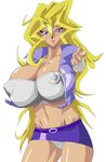  beckoning blonde_hair breasts cleavage come_here come_hither erect_nipples highres huge_breasts kujaku_mai long_hair navel nipples panties puffy_nipples purple_eyes underwear yu-gi-oh! yuu-gi-ou_duel_monsters 