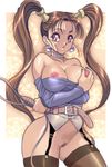  areolae bare_shoulders belt breasts brown_eyes brown_hair bursting_breasts censored choker cleavage dragon_quest dragon_quest_viii earrings garter_belt ichijiku jessica_albert jewelry large_breasts lingerie mosaic_censoring nipples pink_eyes self_fondle shirt_lift solo thighhighs twintails underwear whip 