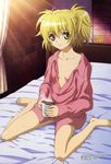  absurdres amasaki_manamu antenna_hair bangs bare_legs barefoot bed blonde_hair brick_wall cal_devens collarbone cup curtains dress_shirt drink flat_chest green_eyes hair_between_eyes highres holding indoors light_rays looking_at_viewer megami messy_hair mug naked_shirt no_pants non-web_source official_art open_clothes open_shirt phantom_of_inferno ponytail requiem_for_the_phantom scan shirt short_hair sitting smile solo spread_legs steam sunbeam sunlight wariza 