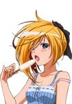  artist_request asu_no_yoichi blonde_hair blue_eyes blush bow camisole collarbone food hair_ornament ikaruga_ayame one_eye_closed open_mouth popsicle sexually_suggestive solo strap_slip 