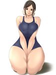  bare_shoulders bow breast_squeeze breasts brown_eyes brown_hair covered_nipples curvy hair_bow highres huge_breasts kneeling mole monmonism original school_swimsuit short_hair simple_background smile solo swimsuit thick_thighs thighs wide_hips 