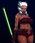  ahsoka_tano alien bandeau bare_shoulders belt belt_pouch breasts cleavage cowboy_shot curvy dark_skin elbow_gloves energy_sword facial_mark fingerless_gloves forehead_mark ganto gloves glowing gradient gradient_background green_eyes holding jedi large_breasts light_smile lightsaber lips lipstick loincloth looking_at_viewer makeup midriff navel older plump pouch red_lipstick shiny shiny_clothes shiny_skin short_shorts shorts smile solo standing star_wars star_wars:_the_clone_wars striped sword tentacle_hair thick_thighs thighs togruta weapon wide_hips 