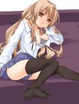  aisaka_taiga bad_id bad_pixiv_id black_legwear brown_eyes brown_hair feet flat_chest kanda_aya long_hair lying nipple_slip nipples open_clothes open_shirt shirt skirt socks solo thighhighs toradora! wardrobe_malfunction zettai_ryouiki 