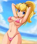  abs armpits arms_behind_head arms_up beach bikini blonde_hair blue_eyes breasts cloud crown day large_breasts lipstick long_hair makeup mario_(series) micro_bikini navel ocean outdoors ponytail princess_peach sigurd_hosenfeld sky smile solo super_mario_bros. swimsuit toned underboob water wide_hips 