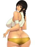  alternate_color ass bare_shoulders black_hair braid breasts brown_eyes curvy highres huge_ass large_breasts looking_back monmonism original shiny simple_background single_braid solo 
