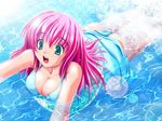  blush bra breasts character_request floating_tire green_eyes innertube lingerie long_hair pink_hair underwear 