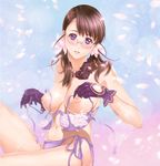  alternate_breast_size blue_eyes bra bra_removed breasts brown_hair cattleya cherry_blossoms dressing furayu_(flayu) glasses gloves heart large_breasts lingerie long_hair navel nipples panties petals queen's_blade side-tie_panties sitting solo topless twintails underwear younger 