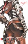  armor ass backpack bag belt breasts brown_legwear chainmail elbow_gloves fantasy from_behind gloves hand_on_hip head_out_of_frame kenzy large_breasts monster_hunter monster_hunter_portable_2nd satchel signature simple_background skin_tight solo standing strap striped thigh_strap vespoid_(armor) 