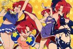  absurdres blush boxing_gloves breasts cheerleader china_dress chinese_clothes cleavage cleavage_cutout double_bun dress duplicate elbow_gloves gloves highres kicking large_breasts long_hair midriff multiple_views nishigori_atsushi official_art pieces_of_sweet_stars ponytail red_hair scan skirt tengen_toppa_gurren_lagann very_long_hair yellow_eyes yoko_littner 