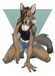  2019 4_toes 5_fingers anthro breasts brown_eyes canid canine canis clothed clothing coyote digital_media_(artwork) digitigrade female green_eyes kneeling looking_at_viewer mammal rayley smile solo toes 