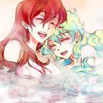  bath bathing blue_hair blush breasts closed_eyes large_breasts long_hair multicolored_hair multiple_girls nia_teppelin nude open_mouth red_hair smile taira_momen tengen_toppa_gurren_lagann water yoko_littner 