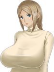  alternate_color blue_eyes blush braid breasts brown_hair gigantic_breasts highres impossible_clothes impossible_sweater lips long_hair monmonism original shirt single_braid solo sweater 