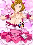  breasts brown_hair choker cleavage cosplay cure_peach cure_peach_(cosplay) fresh_precure! grin hair_ornament heart heart_hair_ornament heart_hands huge_breasts looking_at_viewer magical_girl momozono_ayumi pink_choker precure short_hair smile solo tetsukui very_short_hair 