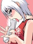  another_code another_code_r artist_request ashley_mizuki_robbins black_eyes game_console lowres oekaki open_mouth phallic_symbol saliva sexually_suggestive solo tank_top tongue white_hair wii 