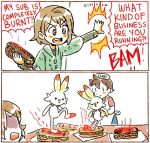  1boy 1girl 2koma apron brown_hair burnt_food comic creatures_(company) english_text food game_freak gen_8_pokemon hat kataro nintendo pokemon pokemon_(creature) pokemon_(game) pokemon_swsh scorbunny short_hair submarine_sandwich 