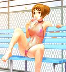  barefoot bench breasts brown_eyes brown_hair censored feet food heart large_breasts majoora one-piece_swimsuit original popsicle see-through solo swimsuit 