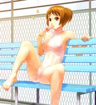  barefoot brown_hair feet food majoora one-piece_swimsuit original popsicle red_eyes see-through solo spread_legs swimsuit white_swimsuit 