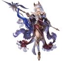  1girl animal_ears armor armored_boots armored_dress bangs boots breasts brown_eyes dress erune gauntlets granblue_fantasy heles holding holding_weapon jewelry long_hair medium_breasts minaba_hideo official_art polearm silver_hair solo spear tiara transparent_background weapon 