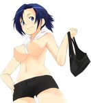  bad_id bad_pixiv_id between_breasts bike_shorts blue_eyes blue_hair breasts from_below hand_on_hip large_breasts navel nipples original ponytail solo tank_top topless towel yui_7 