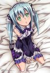  absurdres bed_sheet blue_hair detached_sleeves gothic gothic_lolita green_eyes headband highres kabashima_yousuke kawai_honoka lolita_fashion megami official_art socks solo sora_wo_kakeru_shoujo striped striped_legwear twintails 