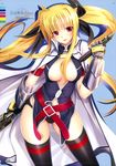  absurdres bardiche belt black_panties blonde_hair blush breasts cape cleavage cleavage_cutout fate_testarossa gauntlets highres large_breasts long_hair lyrical_nanoha mahou_shoujo_lyrical_nanoha_strikers mikazuki_akira! panties red_eyes scan solo staff thighhighs twintails underwear very_long_hair 