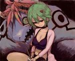  breasts cleavage green_hair horns large_breasts midriff monster short_hair solo sujata taninatsu traumeister 