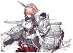  1girl air_qh black_skirt breasts brown_hair cannon capelet cowboy_shot eyes_closed gloves hairband headgear highres kantai_collection large_breasts machinery miniskirt mutsu_(kantai_collection) pleated_skirt radio_antenna red_legwear short_hair simple_background skirt smoke solo standing turret white_background white_gloves 