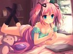  bad_id bad_pixiv_id bangs bed blue_eyes breasts cellphone cleavage collarbone drawing_tablet eyebrows_visible_through_hair full_body hair_ribbon indoors looking_at_viewer lying medium_breasts no_pants no_shoes on_stomach original panties peach_(momozen) phone pink_hair ribbon smile solo stuffed_animal stuffed_toy stylus teddy_bear twintails underwear window 