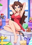  armpits barefoot blue_eyes blush breasts brown_hair cleavage company_connection covered_nipples donkey_kong donkey_kong_(series) earrings eyeshadow feet high_heels jewelry large_breasts long_hair makeup mario mario_(series) mario_vs._donkey_kong_2 nail_polish open_mouth panties pantyshot pauline_(mario) princess_peach red_nails shoes sigurd_hosenfeld single_shoe solo super_mario_bros. toenail_polish torn_clothes toy underwear upskirt 