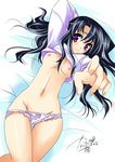  2009 arms_behind_head bad_id bad_pixiv_id bed black_hair blush bow bow_panties breasts foreshortening groin hands highres kanna_(plum) lace lace-trimmed_panties medium_breasts nail_polish navel nipples original outstretched_arm panties panty_pull pink_nails purple_eyes reaching shirt_lift signature solo underwear 