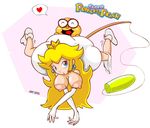  1girl areolae blonde_hair blue_eyes breasts cloud earrings elbow_gloves eyes_closed fishing_rod footwear gloves jewelry jiky lakitu large_areolae laughing long_hair nintendo nipples panties panties_around_leg panties_around_one_leg peach princess princess_peach socks spread_legs super_mario_bros. super_princess_peach underwear white_panties 