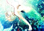  arched_back blonde_hair breasts bubble coral empty_eyes fish floating_hair green_background groin head_fins medium_breasts mermaid monster_girl nipples nude original red_ribbon ribbon short_hair shouna_mitsuishi solo underwater water 