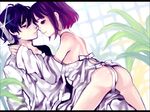  1girl ass bad_id bad_pixiv_id bare_shoulders brother_and_sister elysion frater hospital_gown knife no_panties off_shoulder purple_hair short_hair siblings soror sound_horizon tan_(tangent) undressing 