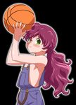  armpits ball basketball basquash! black_background blush flat_chest flora_skybloom gambler_club green_eyes holding holding_ball long_hair looking_at_viewer naked_overalls overalls ponytail purple_hair simple_background smile solo 