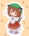  animal_ears blush brown_hair cat_ears cat_tail chen earrings female hat jewelry multi_tail multiple_tails orange_eyes short_hair tail touhou twintails 
