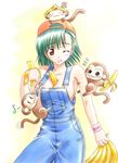  banana between_breasts breasts brown_eyes cleavage copyright_request food food_between_breasts fruit green_hair hat holding holding_food holding_fruit kishi_nisen large_breasts monkey musical_note naked_overalls no_bra one_eye_closed overalls sideboob solo 